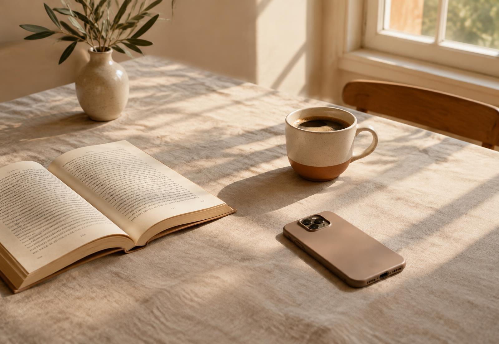Phone face-down next to coffee and an open book